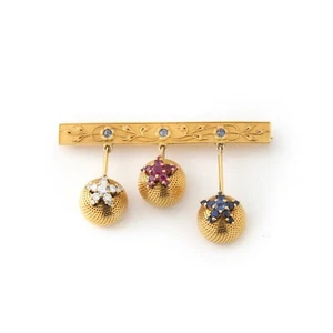 Dangling Domed Sphere Brooch Diamond, Ruby, Sapphire Clusters 14k Yellow Gold - Picture 1 of 3