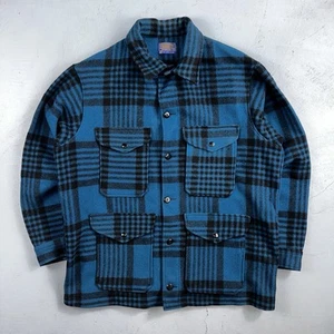 Pendleton Wool Coat Mackinaw VTG Hunting Jacket Blue Plaid Mens Large USA 80s - Picture 1 of 16