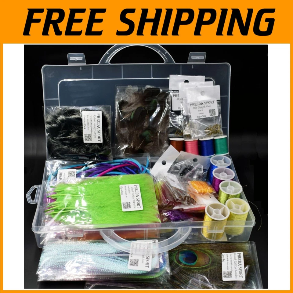 Juego de suministros para atar moscas plumas ganchos de piel hilo de cristal Foto 1 de 4