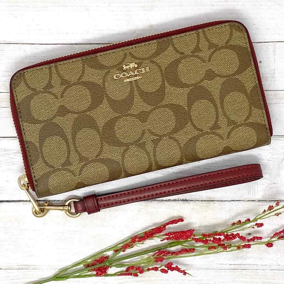 COACH C4452 Long Wallet PVC Round Zip Signature Dark Brown Red From Japan