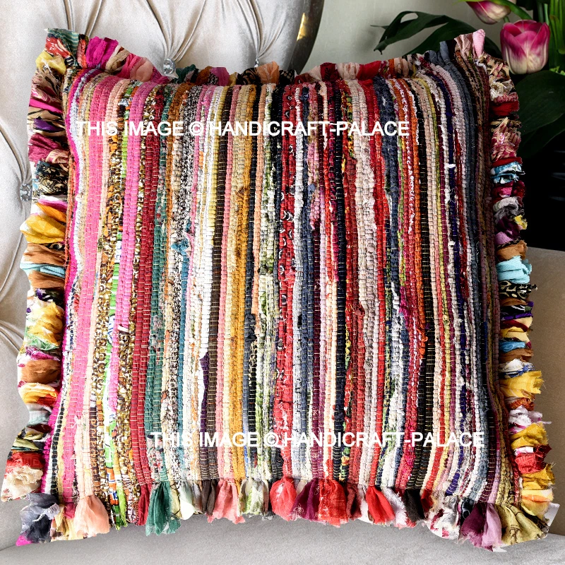 16" Chindi Rag Rug Decor Throw Stripe Boho Indian Cushion Sham Recycled Saris  - Image 1 of 3