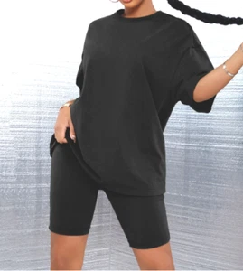 New Women's Ladies Oversized T-Shirt and Cycling Shorts Set Active Gym Black - Picture 1 of 2