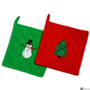 Festive Christmas Tree and Snowman Holiday 8" 2pc Pot Holder Gift Set, Green Red - Picture 1 of 1