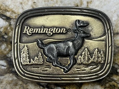 REMINGTON Arms Co. Hebilla de cinturón de latón de ciervo cola blanca para correr firmada por SID BELL Foto 1 de 4
