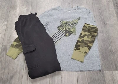 Boys Jumping Beans 2-Piece Outfit Long Sleeve Shirt/Sweatpants Size 7 Camo Plane - Image 1 of 4