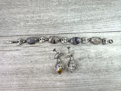 Conjunto de pulsera de ágata para mujer y par de pendientes con tornillo trasero tono plata Foto 1 de 4