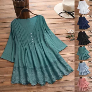 PLUS SIZE 20-28 WOMEN LACE TUNIC TOPS LADIES BAGGY V NECK CASUAL BLOUSE T-SHIRT - Picture 1 of 28