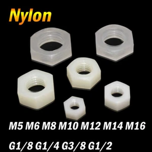 White Plastic Nylon Hex Nuts M5 M6 M8 M10 M12 M14 M16 G1/8 G1/4 G3/8 G1/2 - Picture 1 of 5