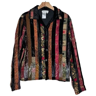 Chaqueta Coldwater Creek para mujer M negra terciopelo lentejuelas cinta retazos caprichoso Foto 1 de 4
