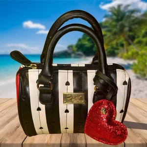 BETSEY JOHNSON🌸Mini Satchel Bag Black and White Stripes Hearts Accent Red Sides - Picture 1 of 9