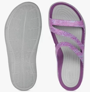 CROCS Swiftwater Sandal Sz 7 Women’s Purple Graphic Strappy Comfort Slide NWOT - Picture 1 of 16