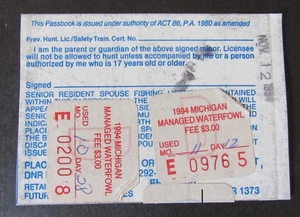 1994 Michigan DAILY Managed Waterfowl Stamps on Hunting License - Picture 1 of 2