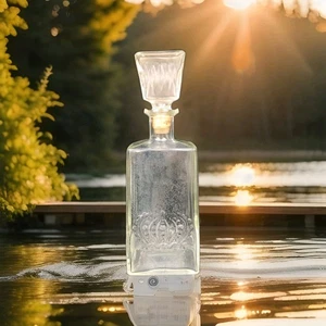 Geprägte Krone Whiskey Quadratisch Schliff Schnaps Dekanter 11/1/2" Höhe Vintage - Bild 1 von 7