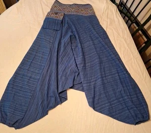 New Dark Blue Harem Pants Free Size Hippie Boho Drop Crotch Buttoned Pocket - Picture 1 of 8