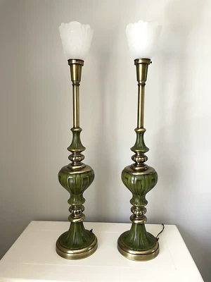 MCM Rembrandt Set of 2 Solid Brass and Green Enamel Table Lamps 31" Tall RARE - Image 1 of 4