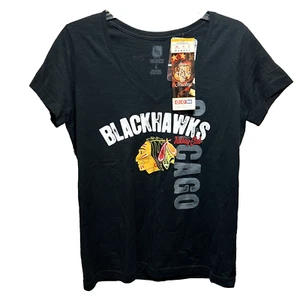 NHL CCM Chicago Blackhawks Hockey Womens Large V Neck Black T Shirt New - Picture 1 of 5