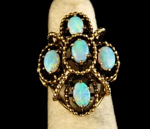 VINTAGE NATURAL 3.0ctw AUSTRALIAN OPAL & DIAMOND 14K GOLD COCKTAIL CLUSTER RING - Picture 1 of 9