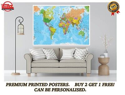 Detailed Large World Map Atlas Poster Art Print Personalised A0 A1 A2 A3 A4 Maxi • 26.45$