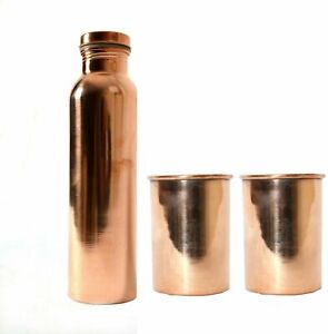 Copper 700 ml Plain Water Bottle & 2 Plain Glass Ayurveda Based Free Radicals