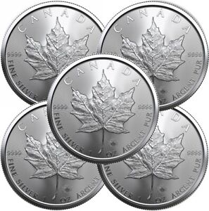 Lot of 5-2022Canadian Maple Leaf 1 oz.BU Uncirculated-In Stock