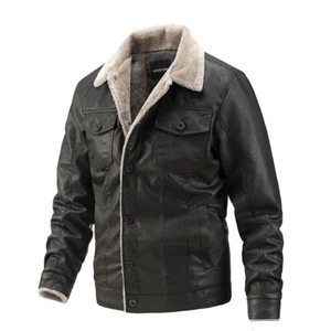 Men Motorcycle Biker Cafe Racer Black, Blue Genuine Faux Leather Lamb Fur Jacket - Picture 1 of 9