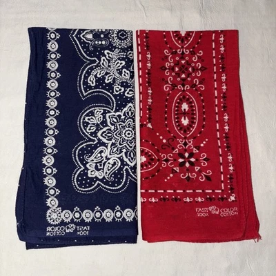 Винтажные синие и красные вестерн-банданы марки Elephant 1970-е 2 носовых платка хлопок - Изображение 1 из 4