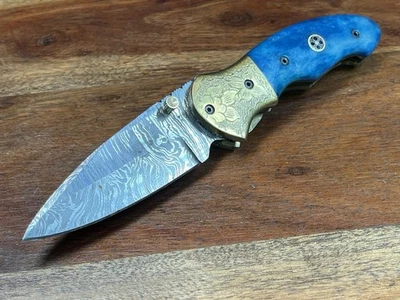 Handmade Damascus Steel Folding Knife Engraved Bolsters Custom Filework Bone - Image 1 of 4