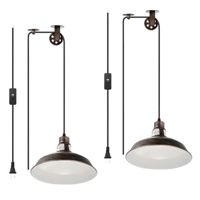 2pcs Plug in Pendant Light Pulley Hanging Lamp with 16.4ft Cord Switch Bronze - Image 1 of 4