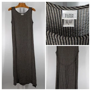 Vintage 90s Eileen Fisher Rayon Silk Plisse Dress L Large Brown Stripe Maxi Belt - Picture 1 of 5