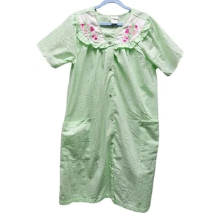Vintage grün & weiß Seersucker Hausmantel Kawaii Druckknopfleiste Rüschen Cottagecore - Bild 1 von 9