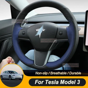 Hágalo usted mismo Cubierta personalizada de cuero negro azul para volante de automóvil para Tesla Model 3 Modelo Y - Imagen 1 de 6