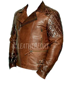 Mens Biker Classic Diamond Motorcycle Brown Distressed Vintage Leather Jacket - Picture 1 of 3
