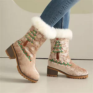 Women's Winter Snow Boots Christmas Tree Embroidery Chunky Heel Velvet Shoes - Picture 1 of 17