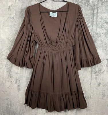 Judith March Dress Womens Medium Brown Bell Ruffled Sleeve Bohemian Deep V Neck - Image 1 of 4