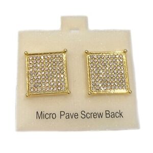 Men's Big 17MM Hip Hop Square Earrings Micro Pave 9 Rows Gold Plated Screw Back