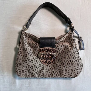 Vintage Monogram Guess Beige Denim Leopard Buckle Print Y2K Purse Handbag 2000s - Picture 1 of 24