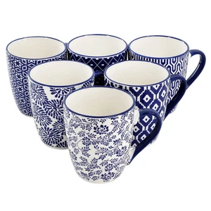 Elama Declan 6 Stück 12 Unzen Sortiertes Design Steinzeug Becher Set in Blau Weiß - Bild 1 von 4