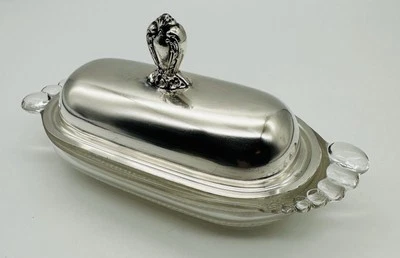 Plato de mantequilla vintage Rogers Bros IS 7 1/4” largo vidrio de metal # 1847 Foto 1 de 4