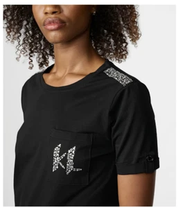 Karl Lagerfeld Paris Women's Monogram Rhinestone Top L Black L3JH7894 Crew Neck - Picture 1 of 8
