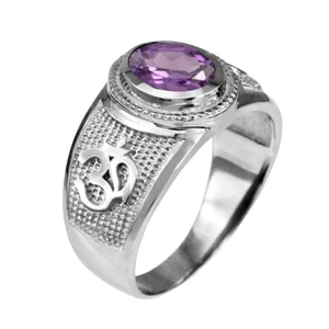 Sterling Silver Om (Aum) Yoga February Birthstone Purple CZ Ring - Picture 1 of 3