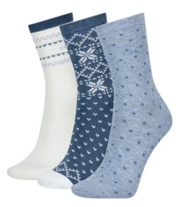 CALVIN KLEIN Fair Isle 3 Pack Blue White Crew Socks NEW Womens Sz O/S fits 4-10 - Picture 1 of 9