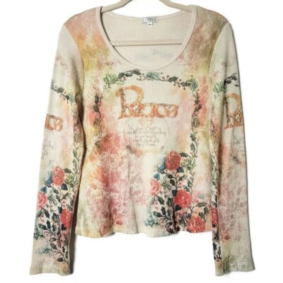 Top de Colección Lapislázuli Y2K Paz Floral Gráfico Térmico Tejido Waffle Manga Larga Grande Foto 1 de 4