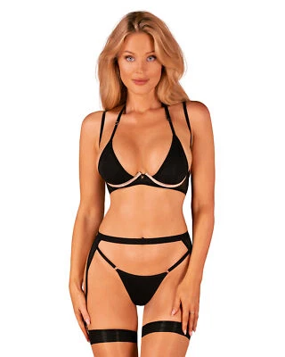 Straps-Set Selinne schwarz Bügel-BH Strumpfgürtel String sexy XS S M L XL XXL - Bild 1 von 4