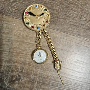 Clock Brooch Pin With PSC Watch And Mouse Swinging On Chains Gold Tone - Picture 1 of 14
