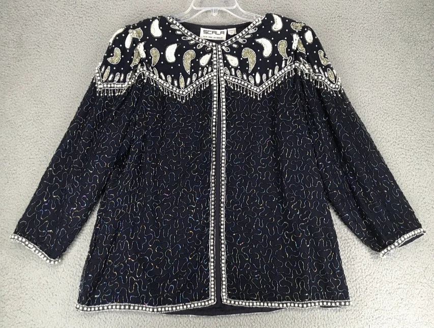 Chaqueta de seda adornada formal Scala talla 2X con cuentas y lentejuelas en negro Foto 1 de 4