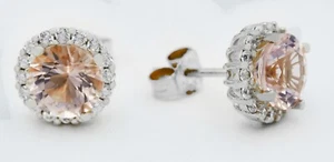 GENUINE 6.46 Cts MORGANITE & WHITE SAPPHIRE STUD EARRINGS 925 SILVER - NWT - Picture 1 of 2