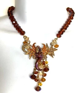 Kirks Folly Glass Brown Beads Dangles Enamel Dragon Stars Pendant Necklace - Picture 1 of 7