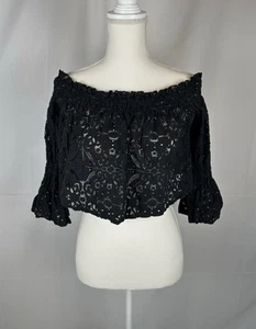 Zara Womens Black Bell Sleeve Off The Shoulder Lace Top Blouse Size S - Picture 1 of 6
