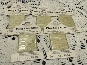 Ping Ling Embroidery Thread 100% Pure Silk 6 Ply 8 Yd On Cards Lot of 5 Celadon - Picture 1 of 4