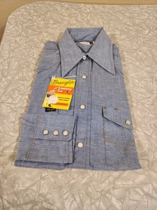 Vintage 70s Wrangler Shirt Men's (L) Pearl Snap Chambray Denim Western Cowboy - Picture 1 of 15